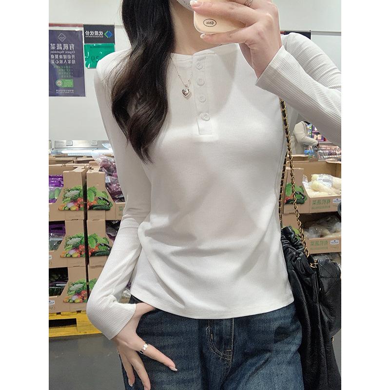 

Half-open neck button front shoulder slim-fitting long-sleeved T-shirt women s early spring new solid color versatile temperament backing white top XL білий