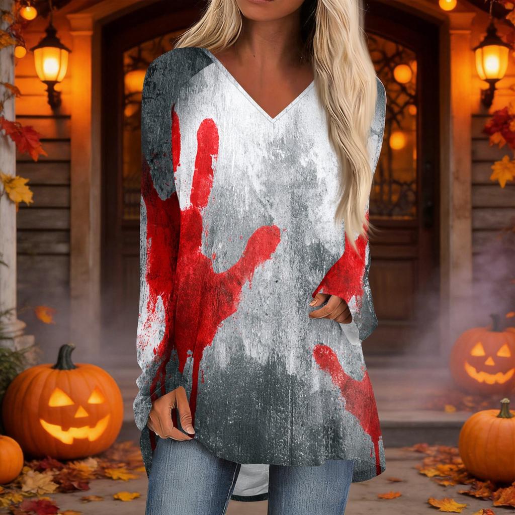 Women's Casual Long Sleeve V-Neck Print Tunic Top for Fall
