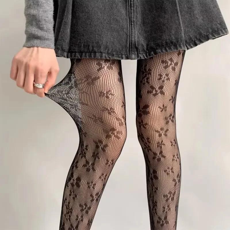 Floral Pattern Brown Fishnet Pantyhose Women Sexy Coffee Hollow Out Mesh Tights Y2K Lolita Nylon Transparent Lace Stockings