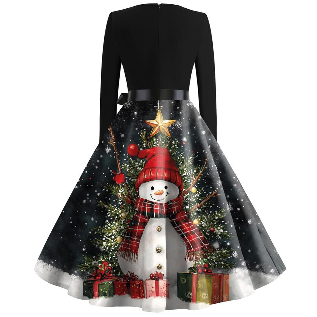Šaty s vánočním potiskem pro ženy s dlouhým rukávem Duté společenské šaty pro volný čas