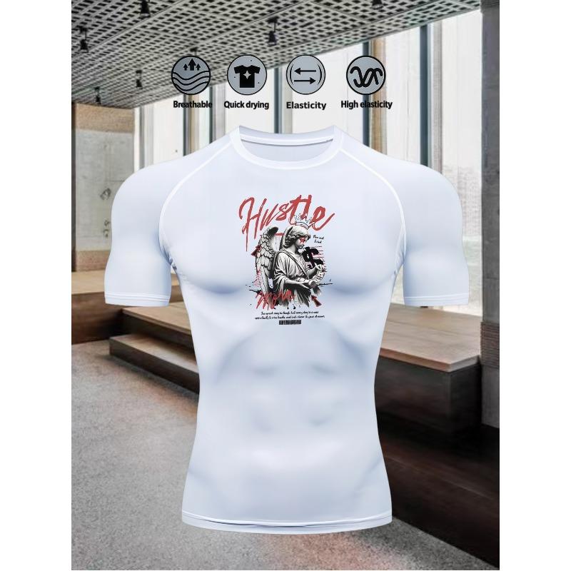 Men's Compression Shirt Quick Dry Navy Blue Gym T-Shirt "HUSTLE" Fallen Angel Print Workout Sportswear
