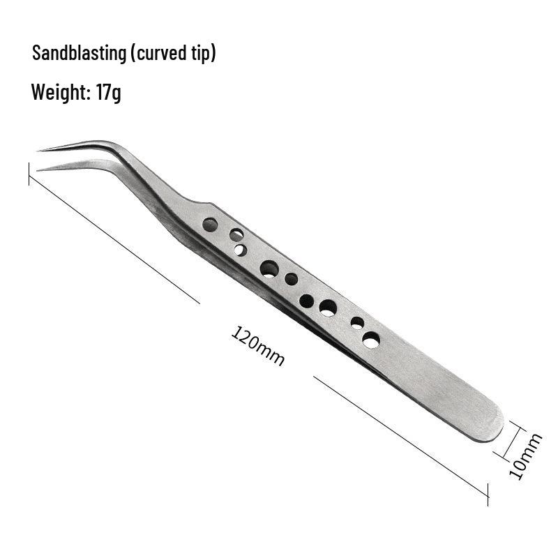 Stainless Steel Bent Tip Sandblasting/Bright Polish Repair Tweezers with Nine-Hole Hard Flat Tip