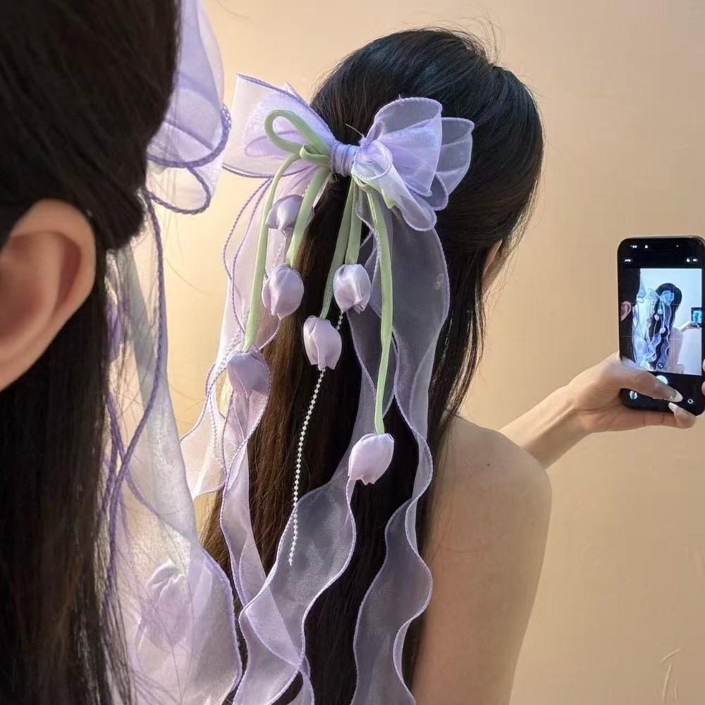 Pendant Tassel Muguet Flower Hairpin Mesh Ribbon Organza Bowknot Barrette  Bridesmaids