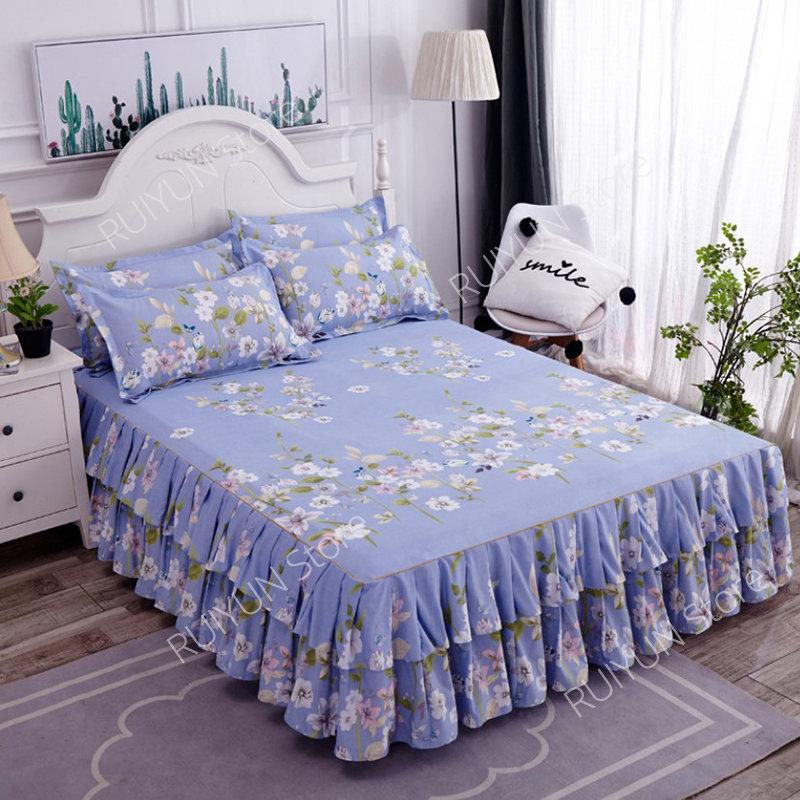 Drucken Weiche Bett Rock Hause Schlafzimmer Doppel Schichten Bett Rock Bettlaken Bett Abdeckung Rock Nicht-slip Matratze Abdeckung Couvre lit Bettdecke