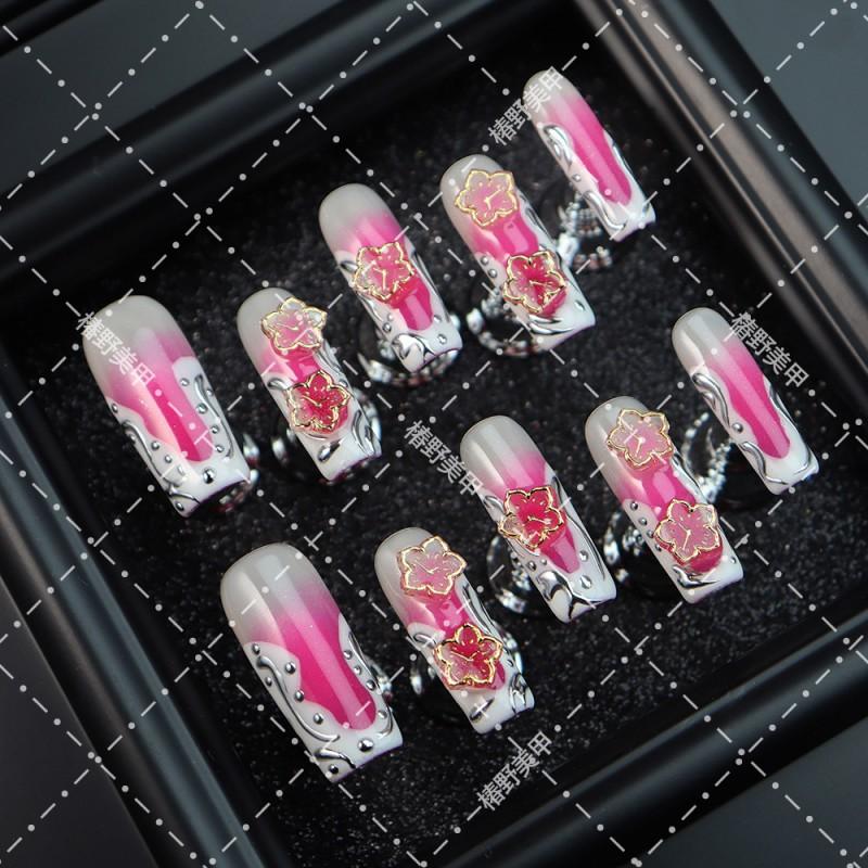 Press-On Nails With Floral Pink-to-White Gradient Chinese Style Acrylic False Women