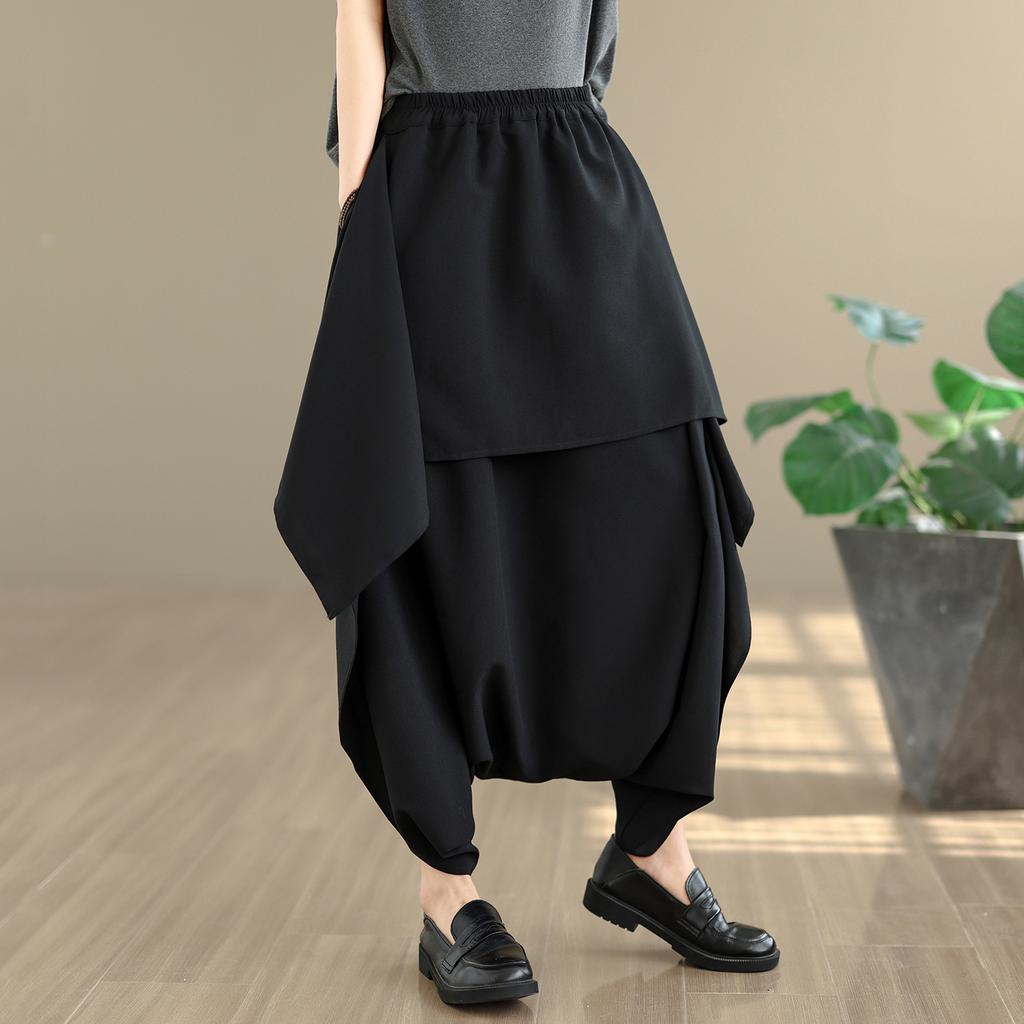 DIMANAF 2026 Summer Beach Plus Size Solid Black Long Pants Women Elastic Waist Loose Vintage Casual Trousers Skirt Pants Bottoms