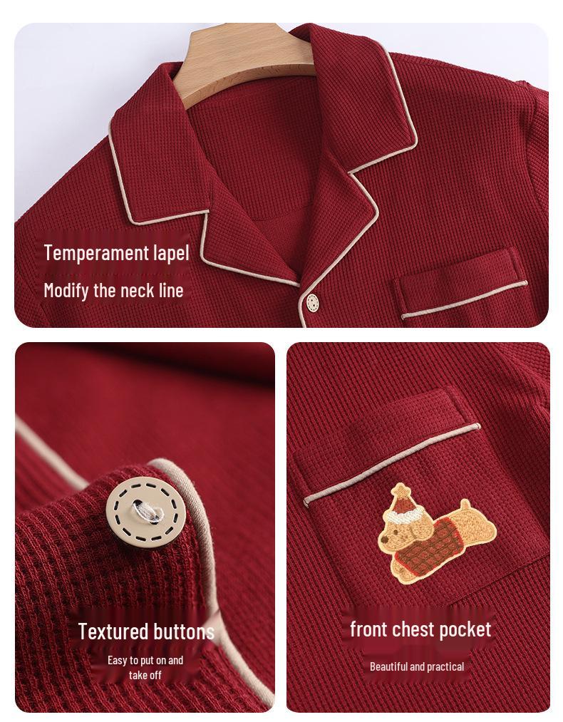 Red Cotton Anti-bacterial Year of the Rat Couple Pajama Set - Short Sleeve, Shorts & Cardigan for Newlyweds