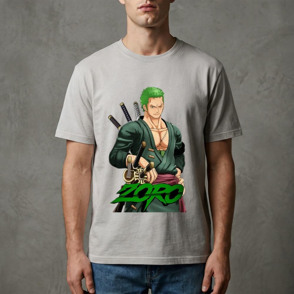 Men's High - Quality Soft Fabric Anime T - Shirt, One Piece Roronoa Zoro Three Sword Style Green Kimono Graphic Print Casual Tee