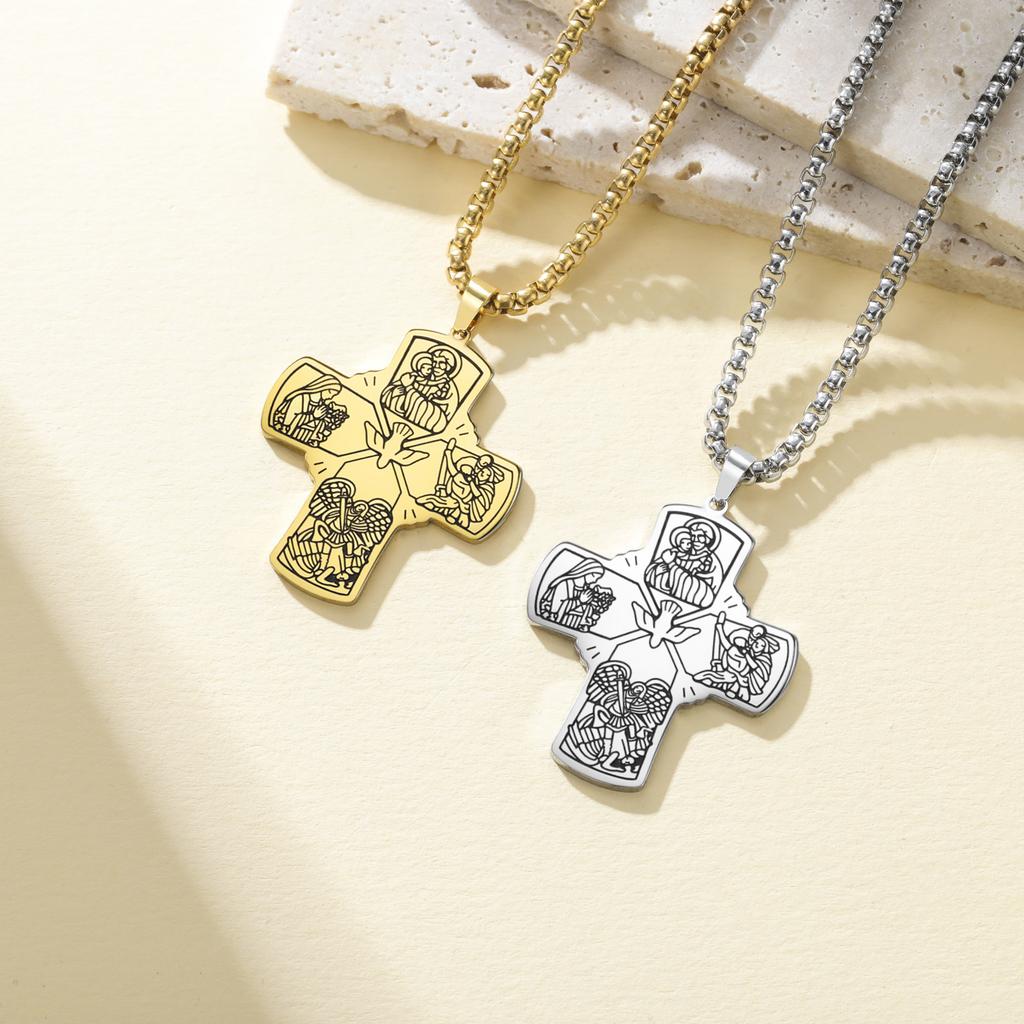 Christian Holy Spirit Cross Necklace for Men Women Engraved Religious Icon Pendant Amulet Jewelry Catholic Protection Gifts
