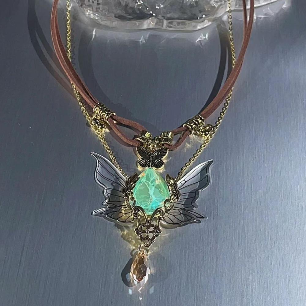Vintage Rhinestone Wings Necklace Double Layer Clavicle Chain Sweet Butterfly Stacking Choker Gift