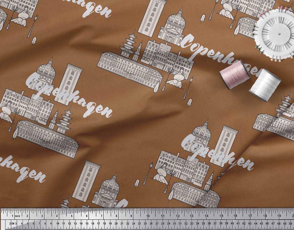 Soimoi Blue Japan Crepe Satin Fabric Sketch Monuments Architectural Printed Craft Fabric by the metre 42 Inch