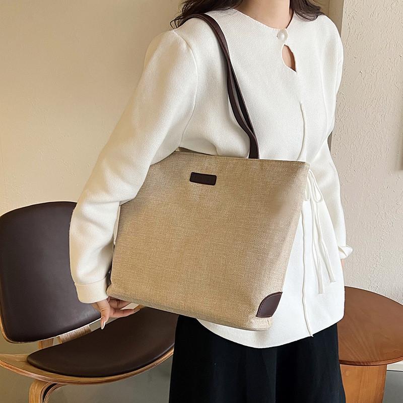 Cotton Linen Casual Tote Bag Large Capacity Handheld Bucket Style For Daily Use