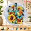 2D Flat, 2D Flat Acrylic Puzzle Sun Catcher, Vintage Blue Pattern Cross Sunflower Butterfly Theme Sun Catcher Puzzle, Home Garden Decoration, Suitable
