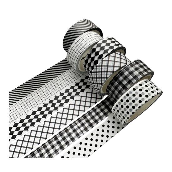 Office Desk Organization Tape 6 Rolls Plaid Washi Set, Grid Checkered Pattern Masking Tape, Self Literary Art Style Adhesive Decorative for