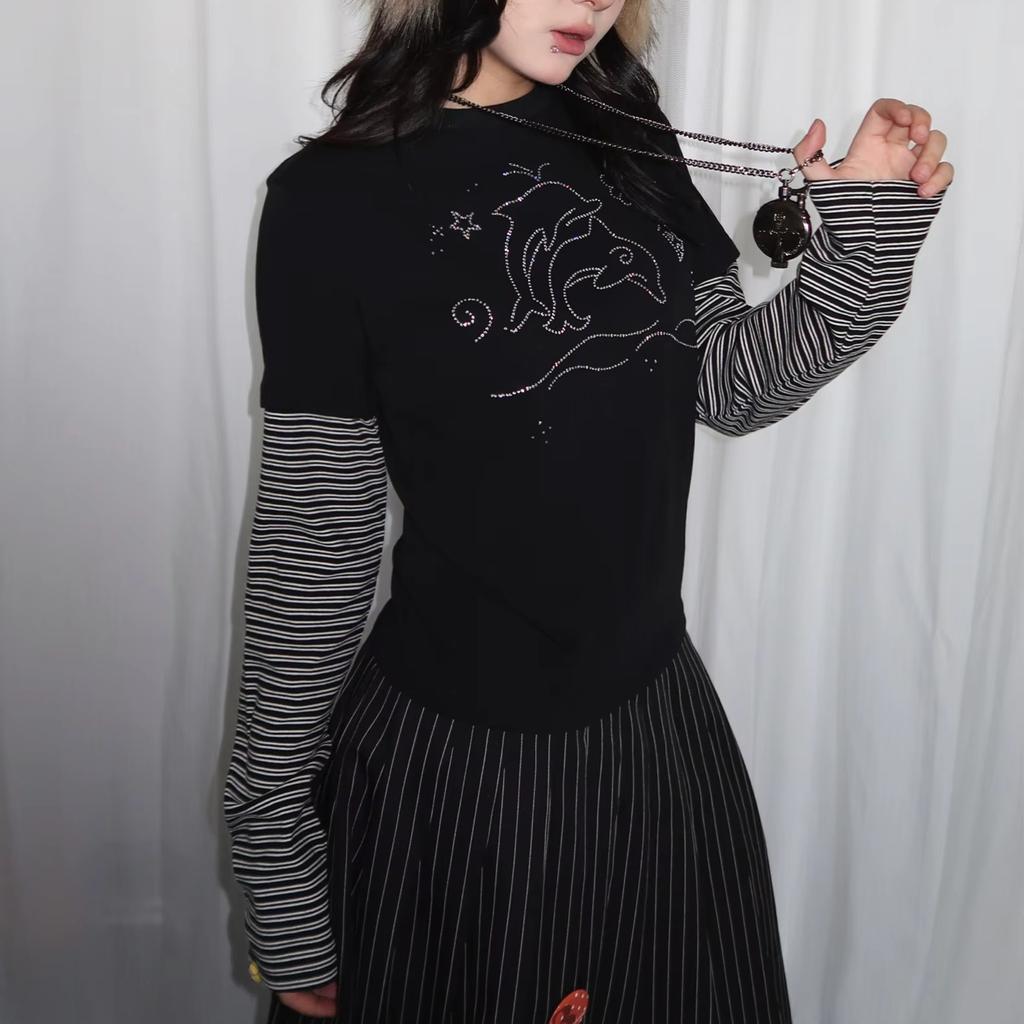 Y2k Vintage T-shirt Fake Two Pieces Women Long Sleeve Patchwork Japanese 2000s Grunge Tops Streetwear Retro Print Graphic Tops