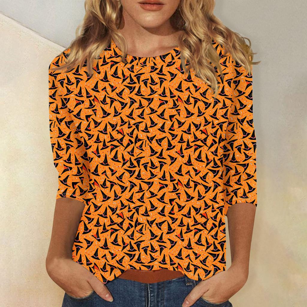 Women's Fashion Casual Round Neck 3/4 Sleeve Loose  Printed T-Shirt Ladies Top