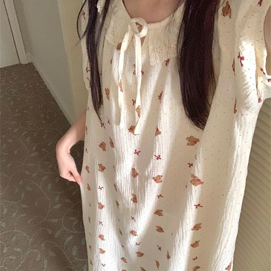 Full of printed floral bear bow pajamas women's summer round neck long dress loungewear girls loose nightgown