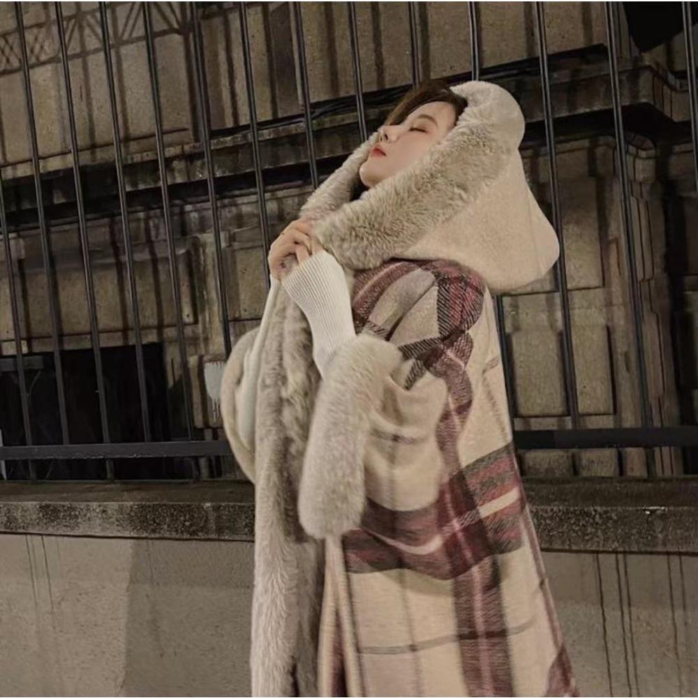 Original Hooded Fur Collar Scottish Plaid Cape Women'S Knitted Woolen Jacket 0860 #