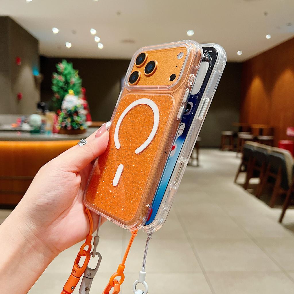 For iPhone 17 Pro Max Case Compatible with MagSafe Clear Glitter TPU Acrylic Phone Cover with Shoulder Strap