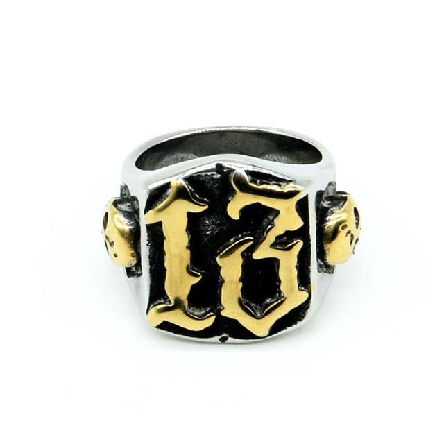 Punk Hip Hop pánské č. Módní 13 prstenů Retro Lokomotiva z nerezové oceli Zlatá Lucky 13 Prsten s lebkou Pánské šperky dárek