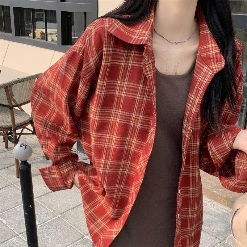 2025 Women's Retro Blue Plaid Shirt Jacket - Loose Fit, Long Sleeve for Spring & Autumn