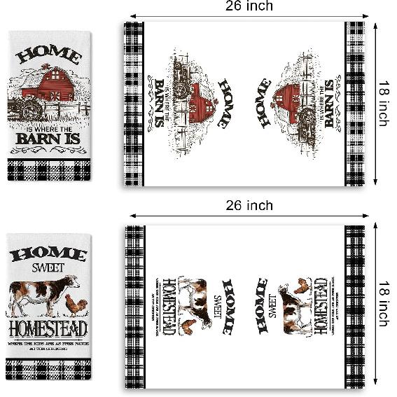 Farm Animals Kitchen Dish Towels Set of 2, Farmhouse Cow Rooster Barn Drying Hand Towel Baking Cooking Cloth, Homestead Tractor Sweet Home Decoration