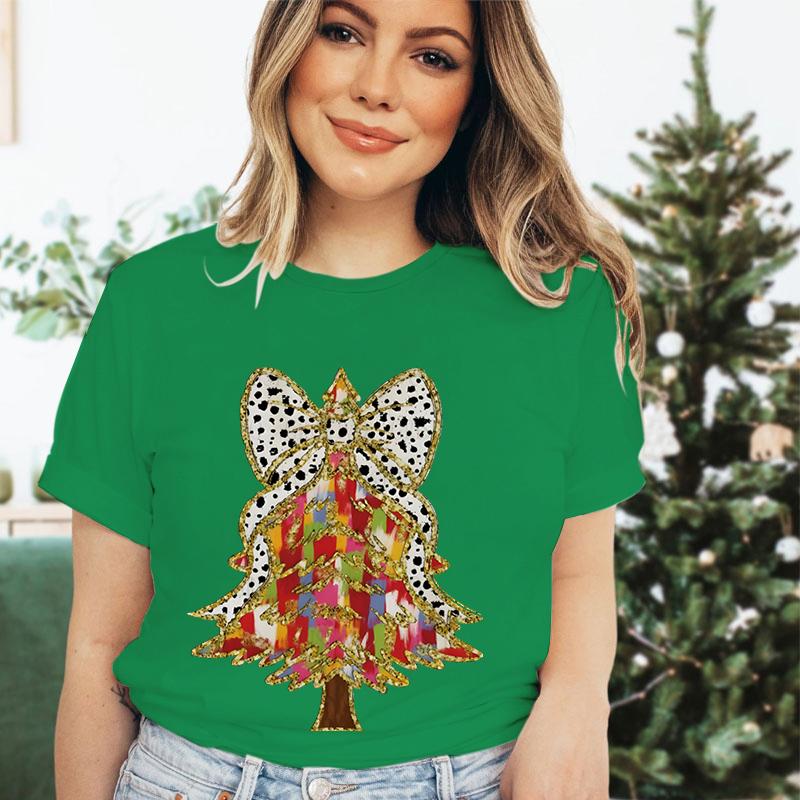 Merry Christmas Tree Design Tshirt Women Funny Festive Fashion Casual Green Tshirt Creative Xmas Tree Graphic Holiday Tops Tees