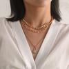 Geometric Metal Full Diamond Lock Pendant Necklace, Popular Multi-layer Retro Exaggerated Necklace