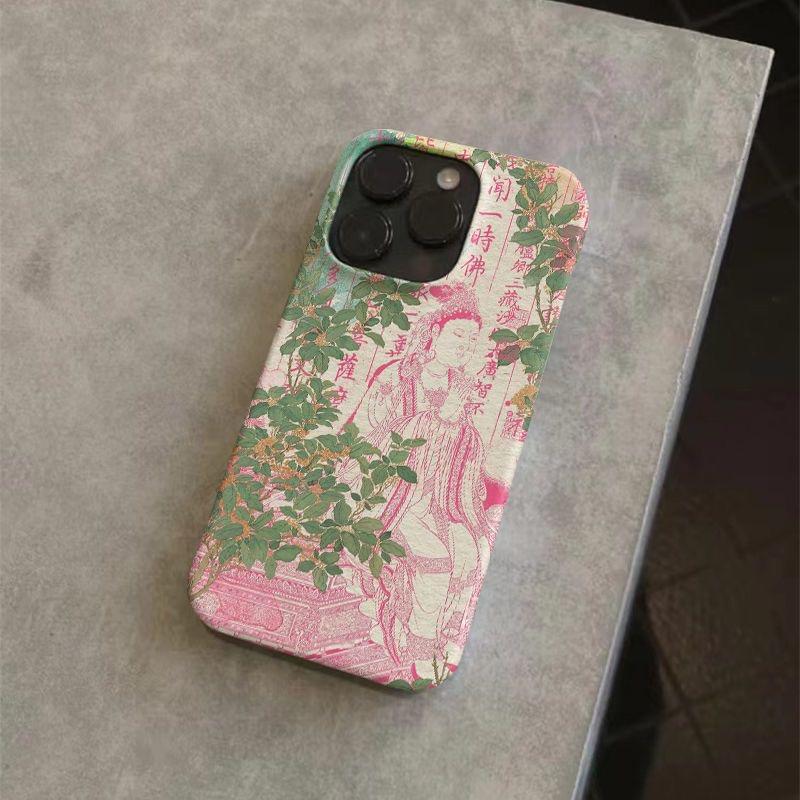 Vintage Traditional Buddha Greenery & Chinese Script Colorful Phone Case for iPhone 17 16 15 14 11 12 13 Pro Max Plus Back Cover