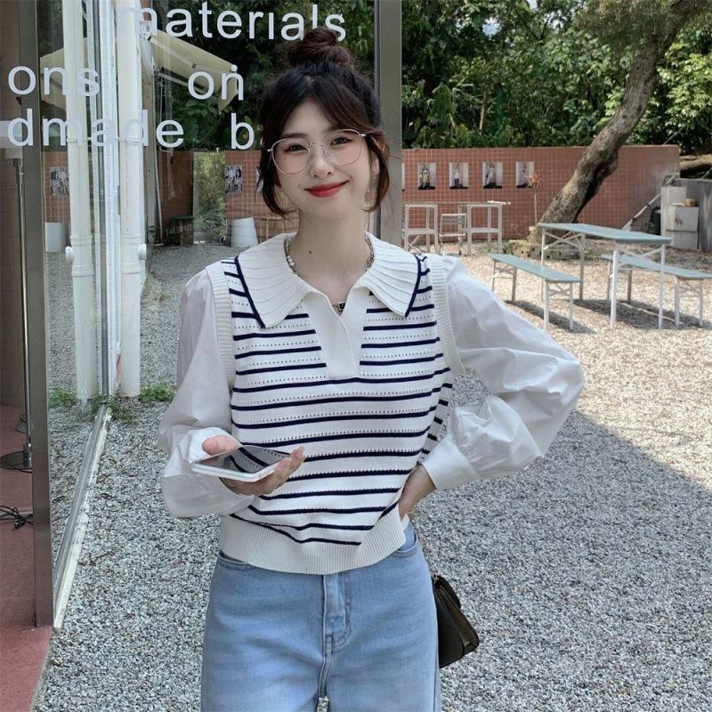 

polo collar stripe fake two long sleeve knitted sweaters women s autumn new design sense niche slim short top One size fits all [recommended 80-60kg] белый