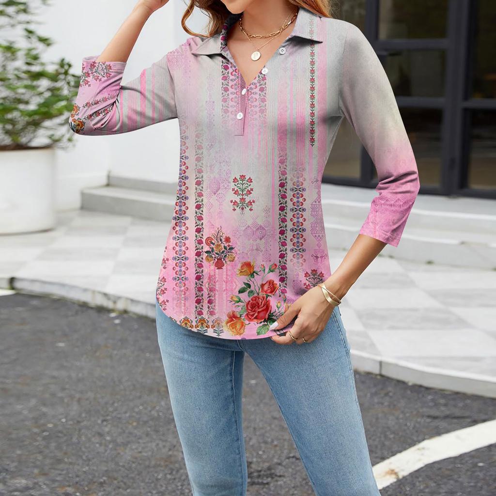 Women's Fashion Casual Long Sleeve Floral Print V-Neck Button Top