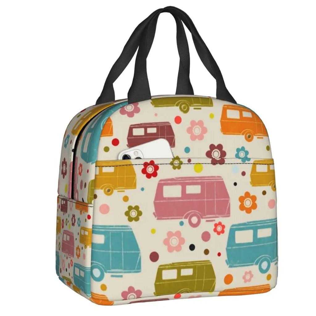 Colourful Vintage Caravans And Flowers Pattern Thermal Insulated Lunch Bags Women Happy Campers Portable Lunch Tote Food Box