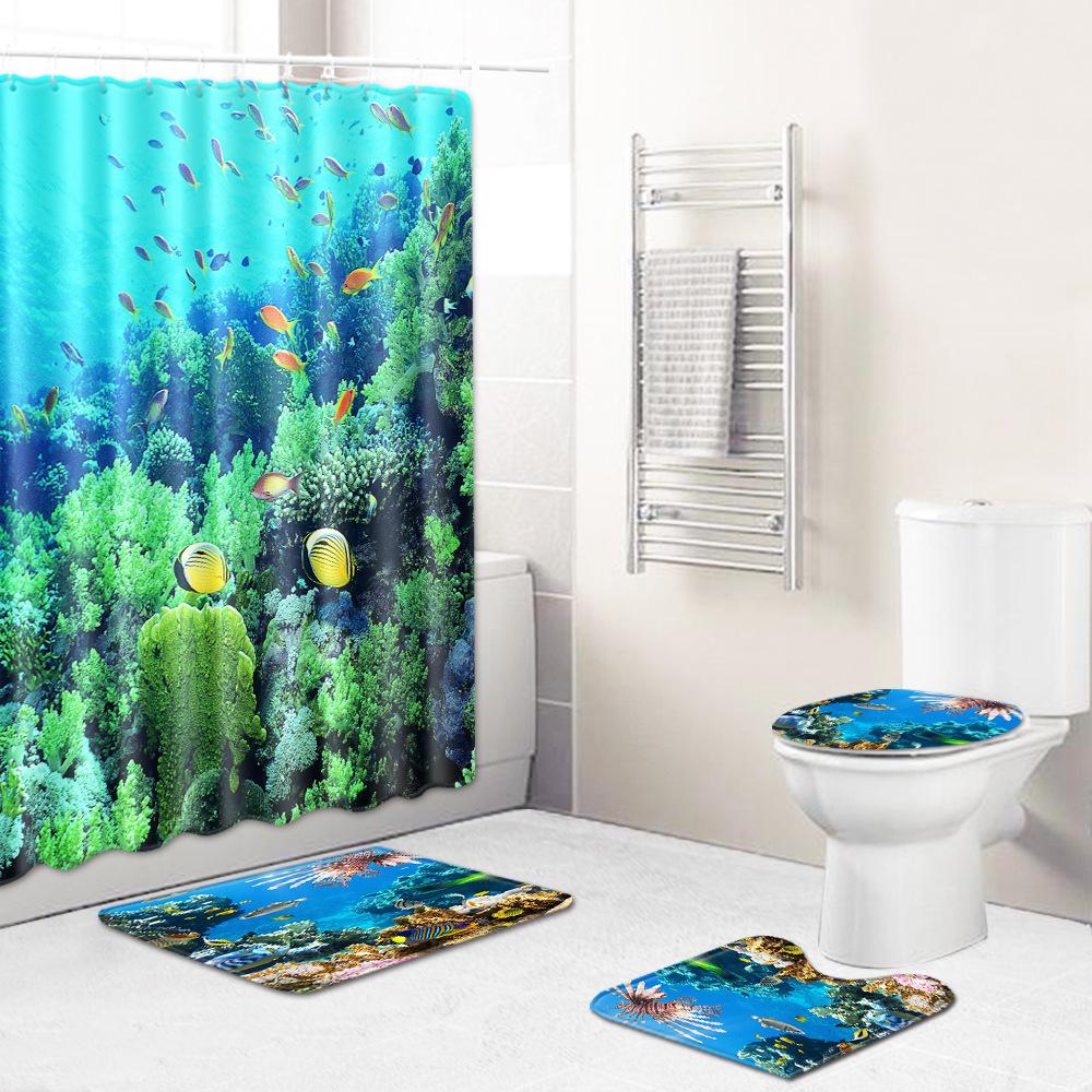 Undersea Landscape Bathroom Shower Curtain Floor Mat Toilet Cover Foot Pad Four-Piece Pattern Size Fixed Zhi
