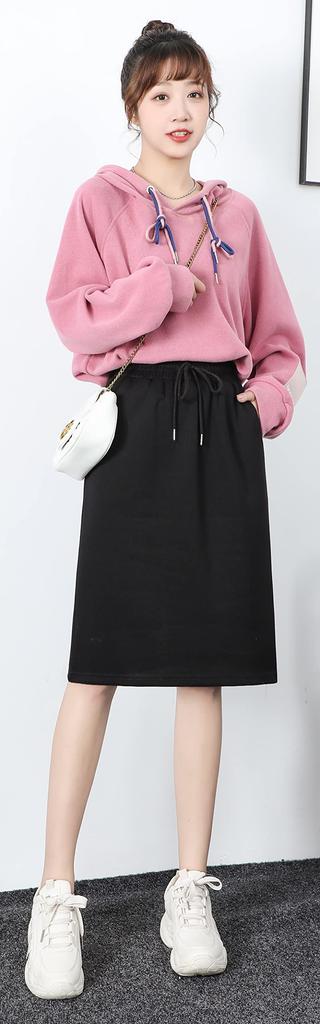 Syvent Sweat Elastic Plus Size Women's Knee-Length Skirt, Casual, Waist, Slit, A-Line, Plain,