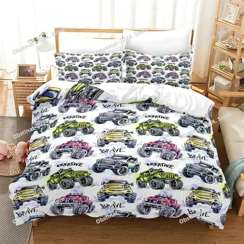 Boys Cars Duvet Cover Cartoon Monster Truck Cool Vehicle Bedding Set Off Road Vehicle Locomotive Comforter Cover King Size
