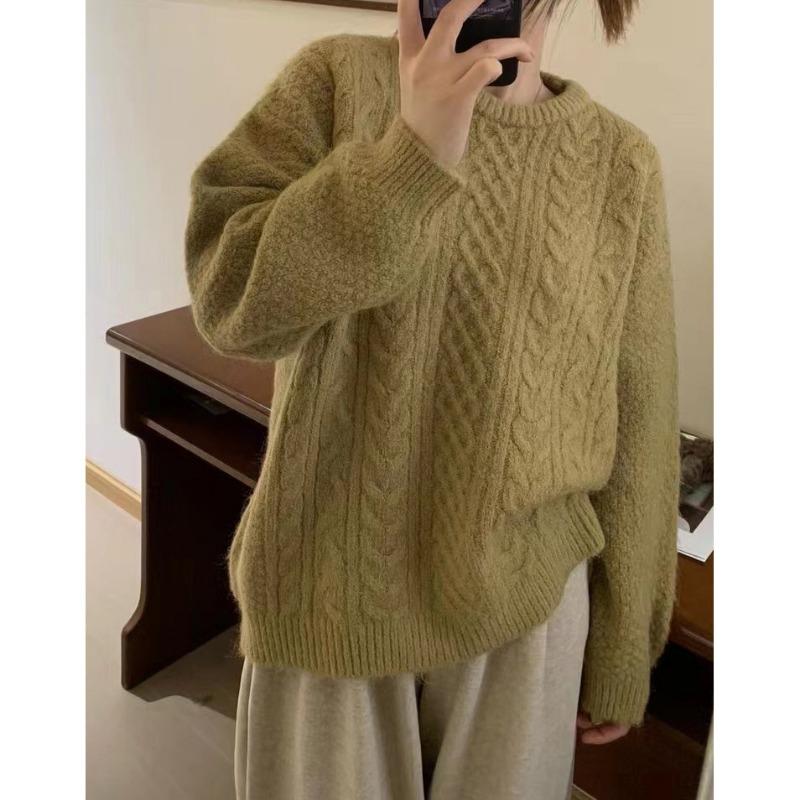 Crew Neck Retro Twisted Sweater Women's Autumn and Winter New Solid Color Lazy Wind Loose Thick Pullover Bottoming Knitted Sweater