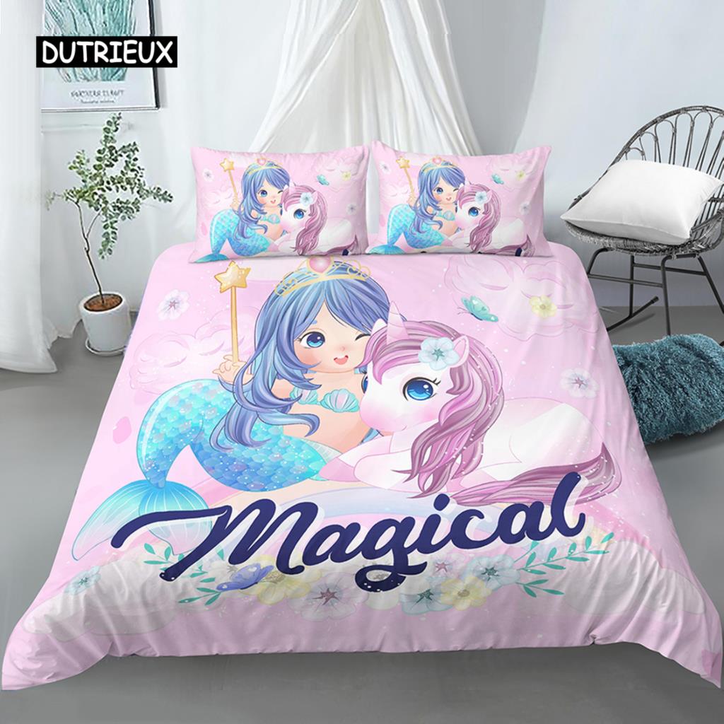 Beddengoed Set Ledikant Dekbedovertrek voor Baby Kinderen Blauw Cartoon Zeemeermin Edredones Niños Meisjes Prinses Polyester Dekbedovertrek