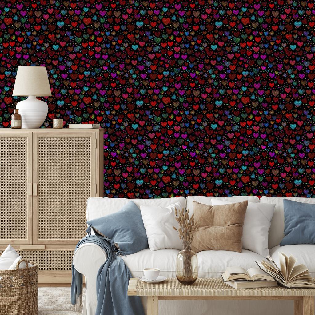 Neon Glitter Hearts Wallpaper Black, Burgundy and Maroon 50x1000
