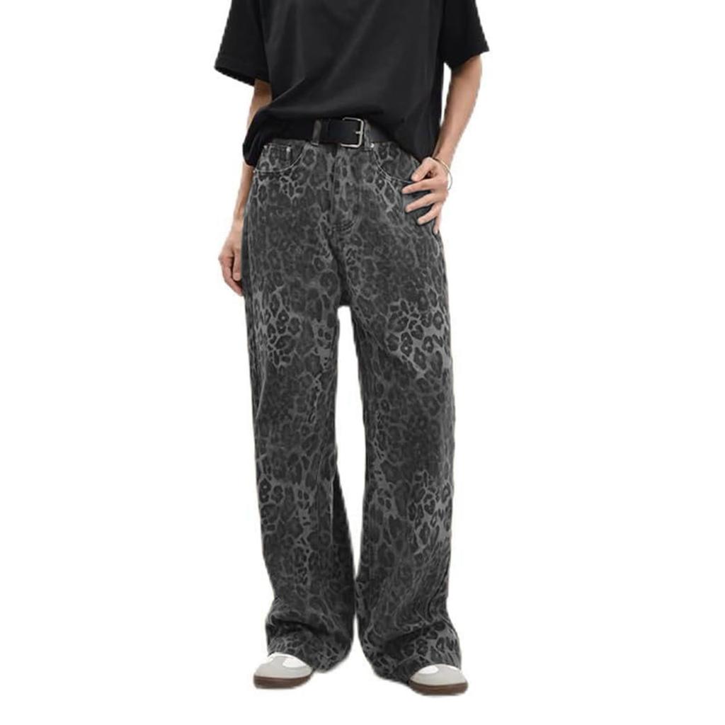 American Retro Leopard Print Jeans Mid Waist Straight Wide Leg Denim Pants Loose Streetwear Trousers For Women