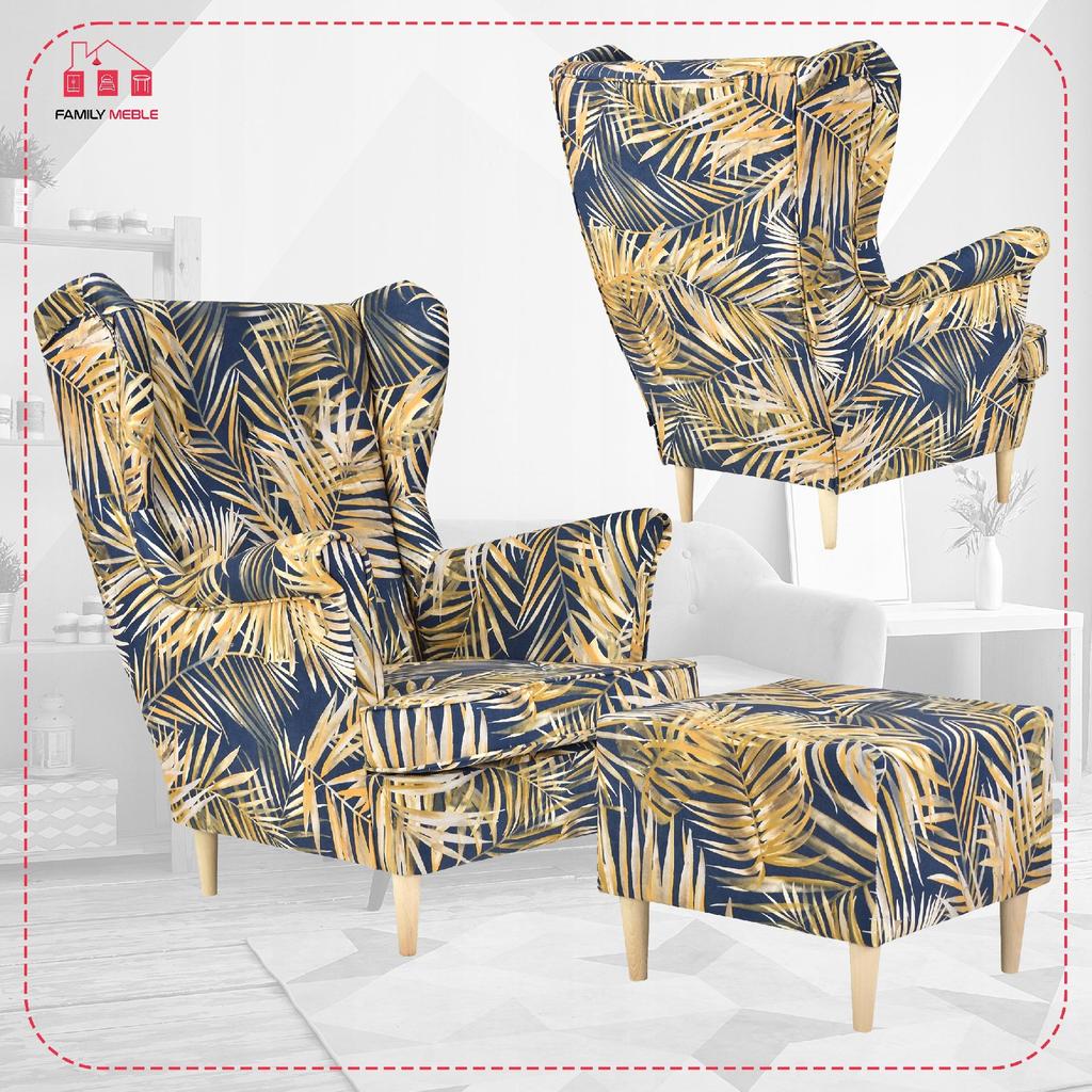 Křeslo ušák ARI PRINT s podnožkou, skandinávský Family Meble BOHO