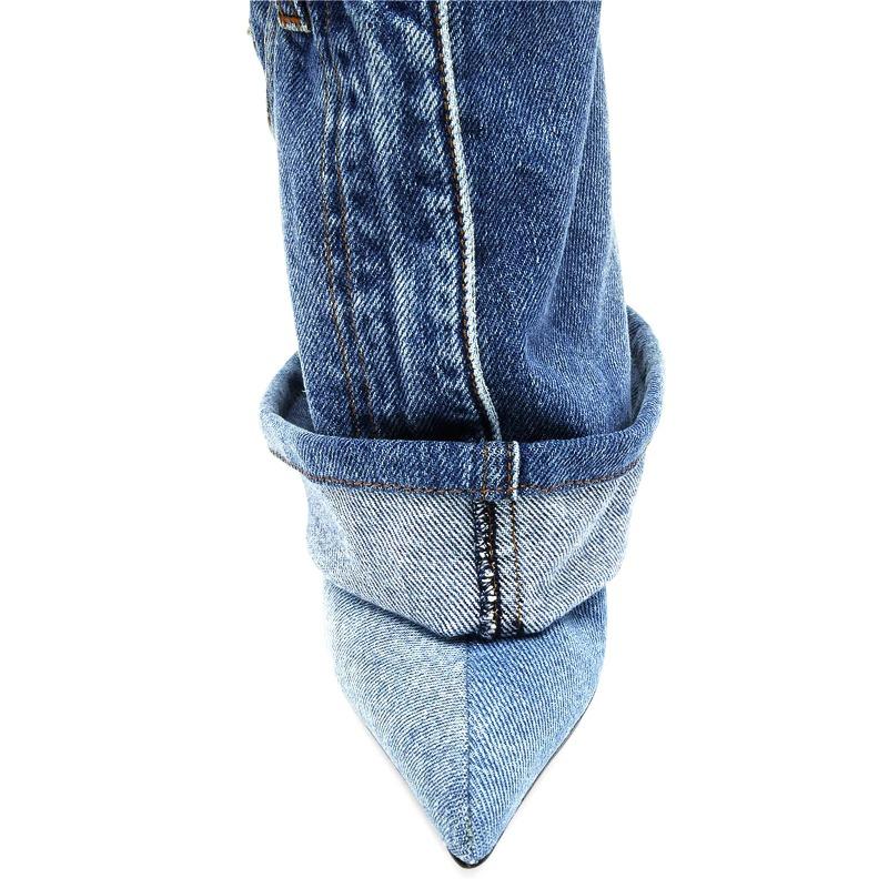 Fashion Blue Denim Slim Heel Cuffed Short Boots Rivet Pocket Design Pointed Toe Metal Buckle High Heel Fashion Large Size 45 Women Boots