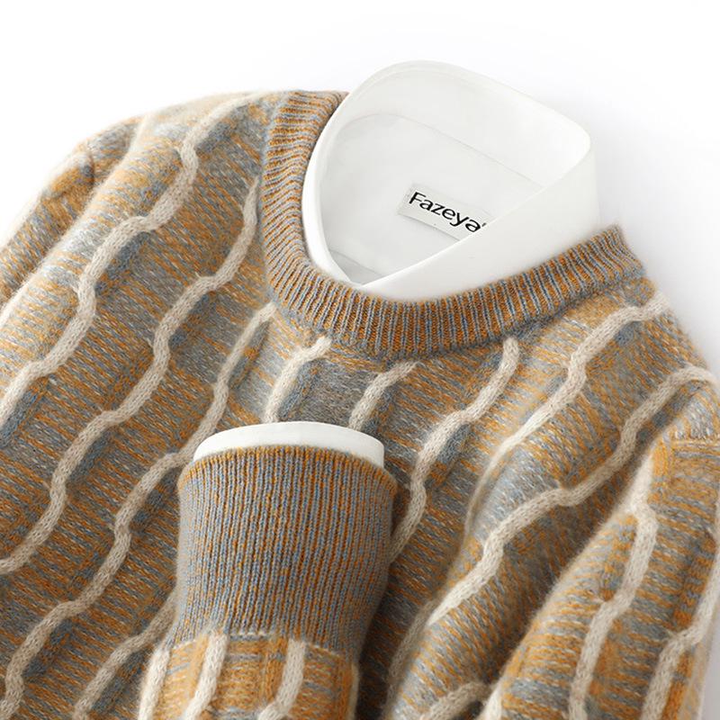

Men s Color Block Pure Wool Round Neck Sweater - Autumn/Winter Casual Knitwear L