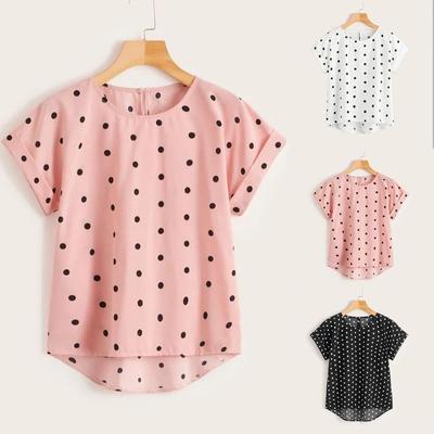 Womens Summer Casual Dot Print Tops Short Sleeve T-Shirts Blouse