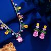 Heavy Industry Rainbow Necklace Earrings Set Dinner Dress Wedding Accessories Color Zircon Bridal Set Chain