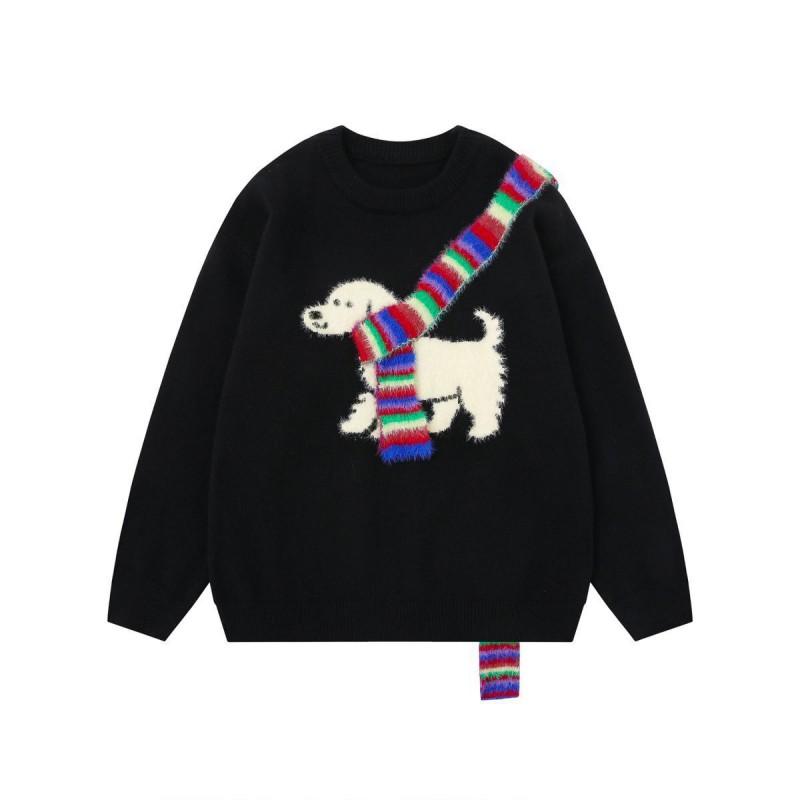 Unisex Oversized Knit Sweater With Embroidered Rainbow Dog Motif Casual Winter Pullover Teens