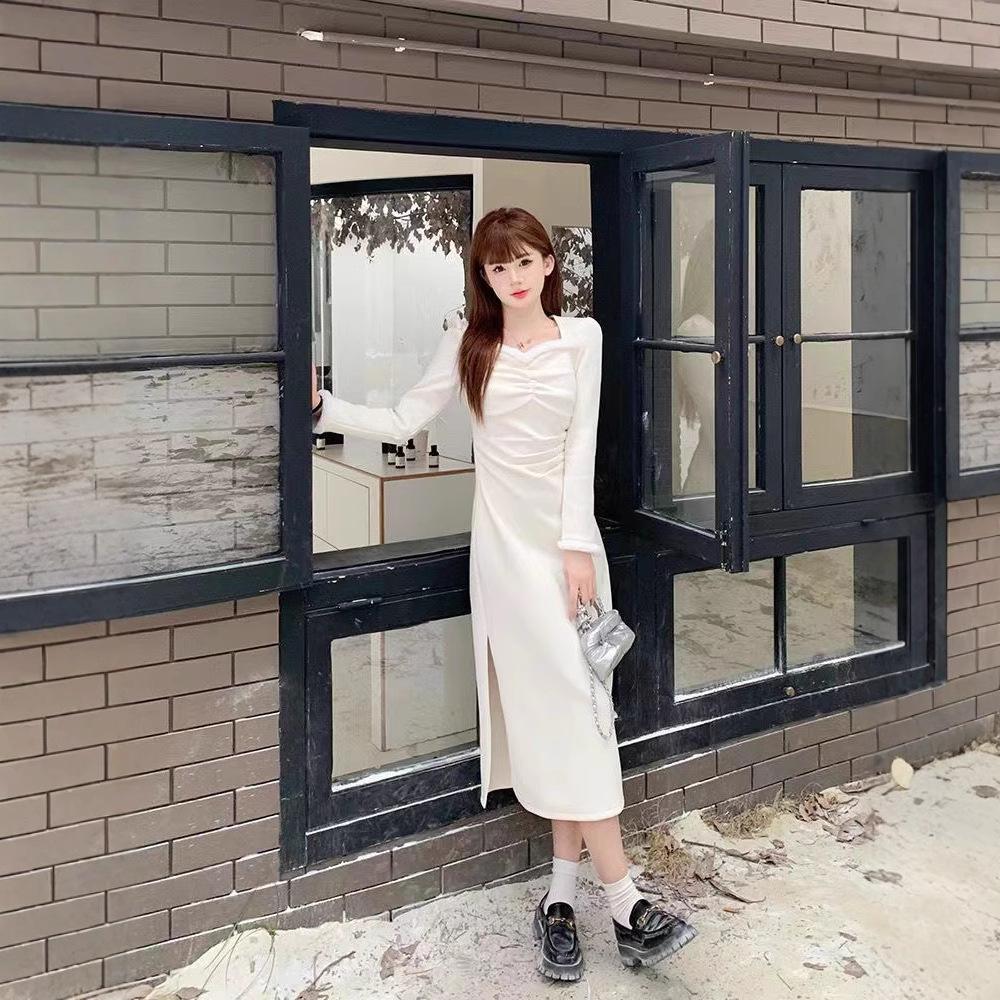 French Velvet Temperament Long-sleeved Dress Women's Spring New Pleated Waist Thin Inner Bottom Long Dress