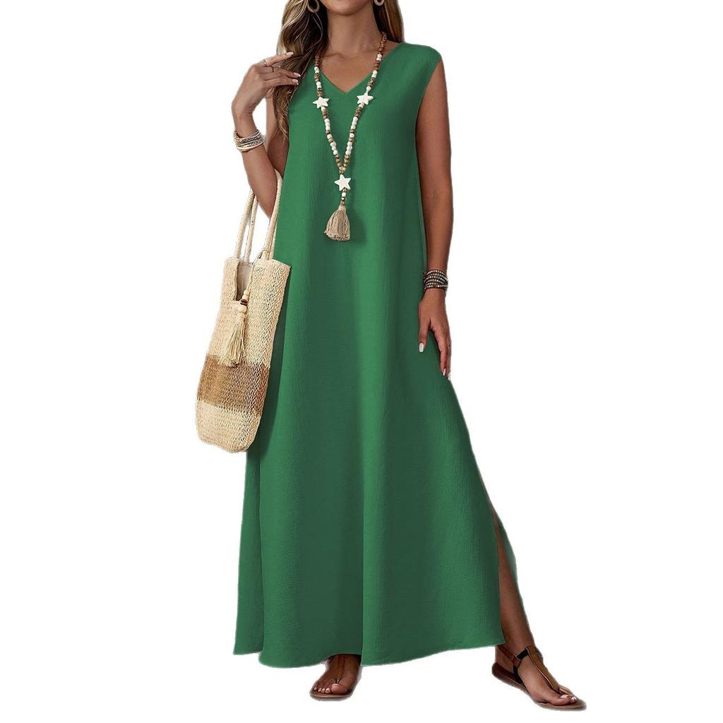 2025 Amazon European and American foreign trade new women's clothing V-neck sleeveless long dress summer side split loose dress