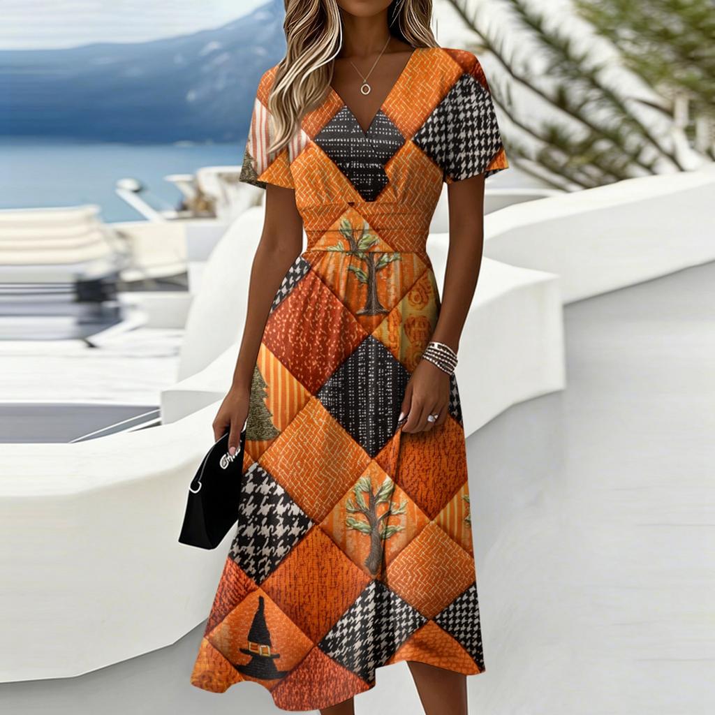 Women Halloween Print V Neck Short Sleeve Midi Dress Casual Loose Fit Holiday Style Lightweight Fabric