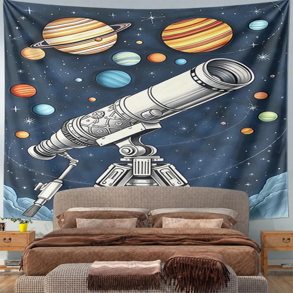 Telescope and Colorful Planetary Design Pattern Wall Hanging Tapestry Decorative Tapestry Home Decor for Bedroom and Living Room