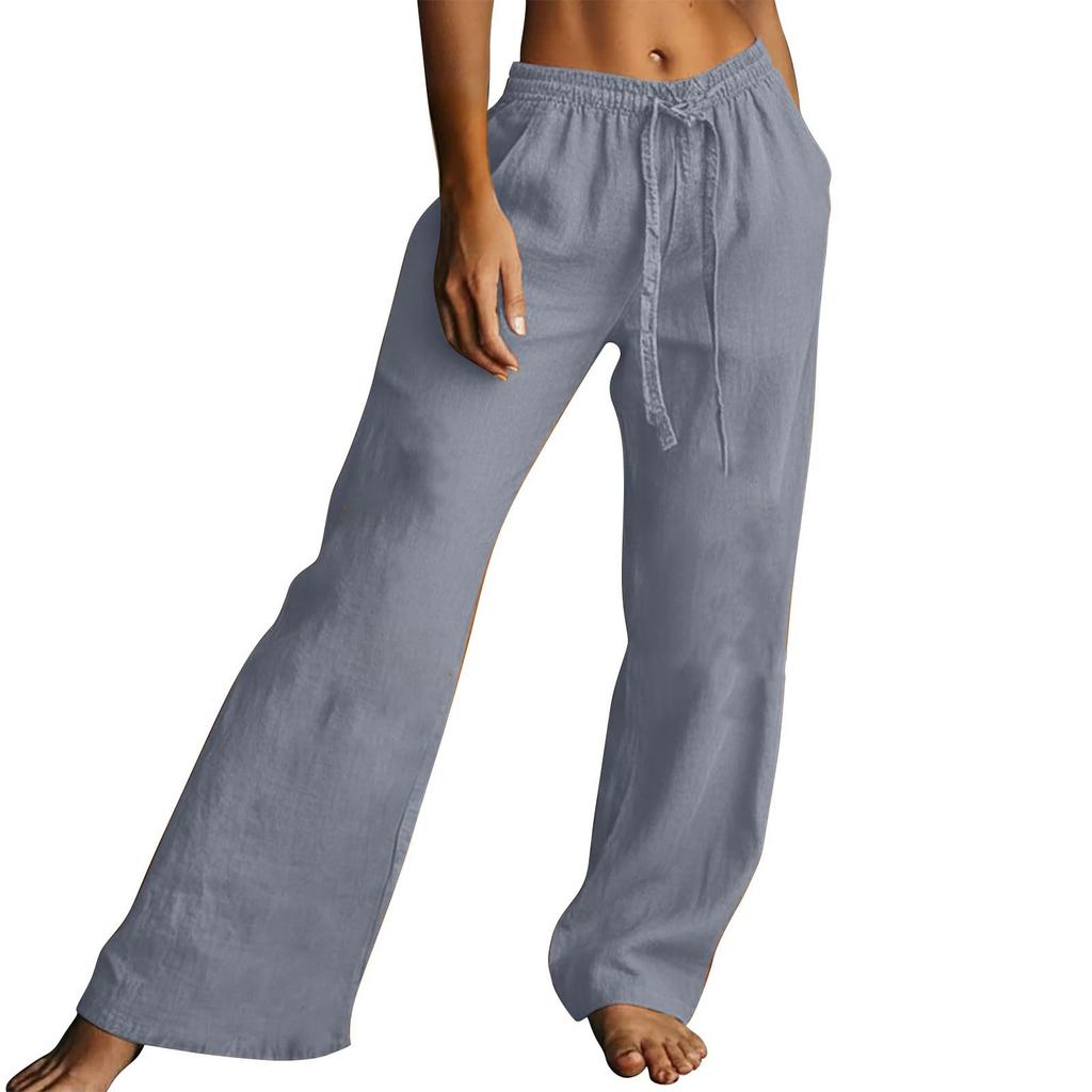 Women Elastic High Waist Pant Casual Fit Wide Leg Long Pants Trousers With Pockets